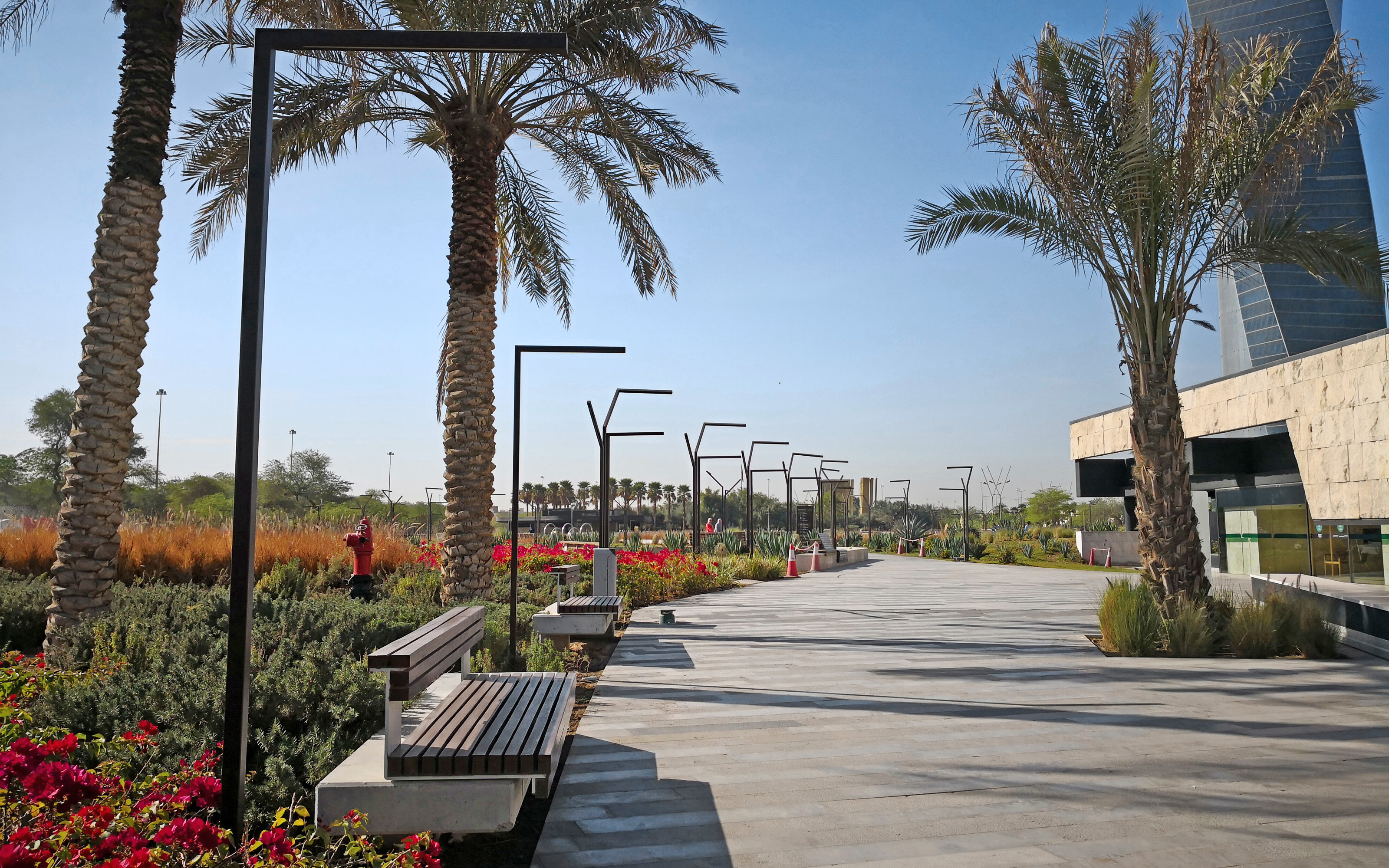 Stabilodrain® elements provide a stable base for green areas, paths and seating. Walkways with benches, plant beds and palm trees in a park